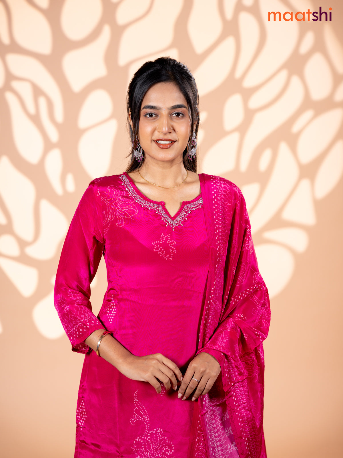 Crepe silk salwar suit pink with allover bandhani prints & beaded work neck pattern and straight cut pant & dupatta