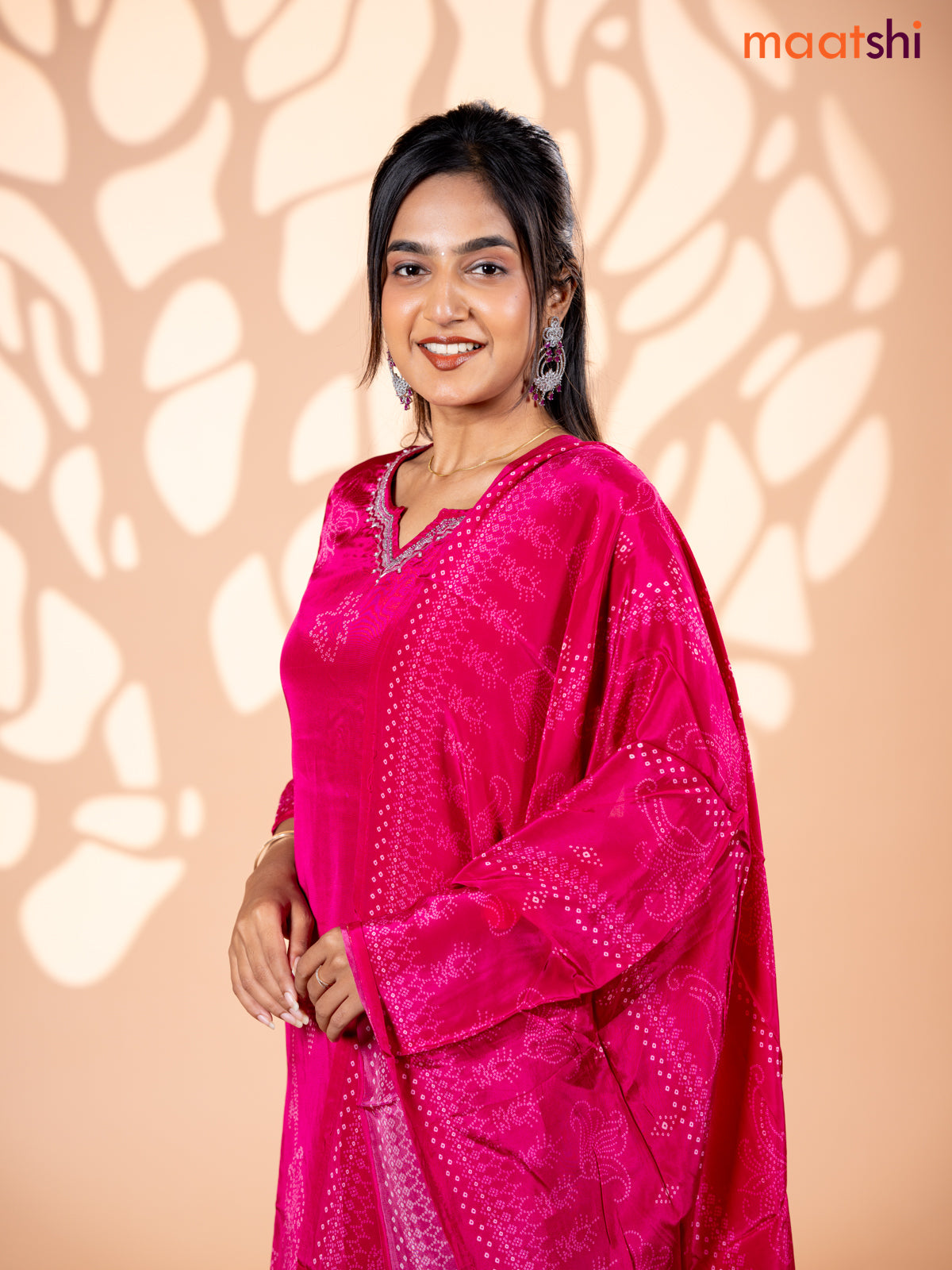 Crepe silk salwar suit pink with allover bandhani prints & beaded work neck pattern and straight cut pant & dupatta