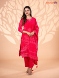 Crepe silk salwar suit pink with allover bandhani prints & beaded work neck pattern and straight cut pant & dupatta