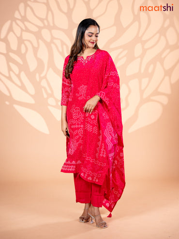Crepe silk salwar suit pink with allover bandhani prints & beaded work neck pattern and straight cut pant & dupatta