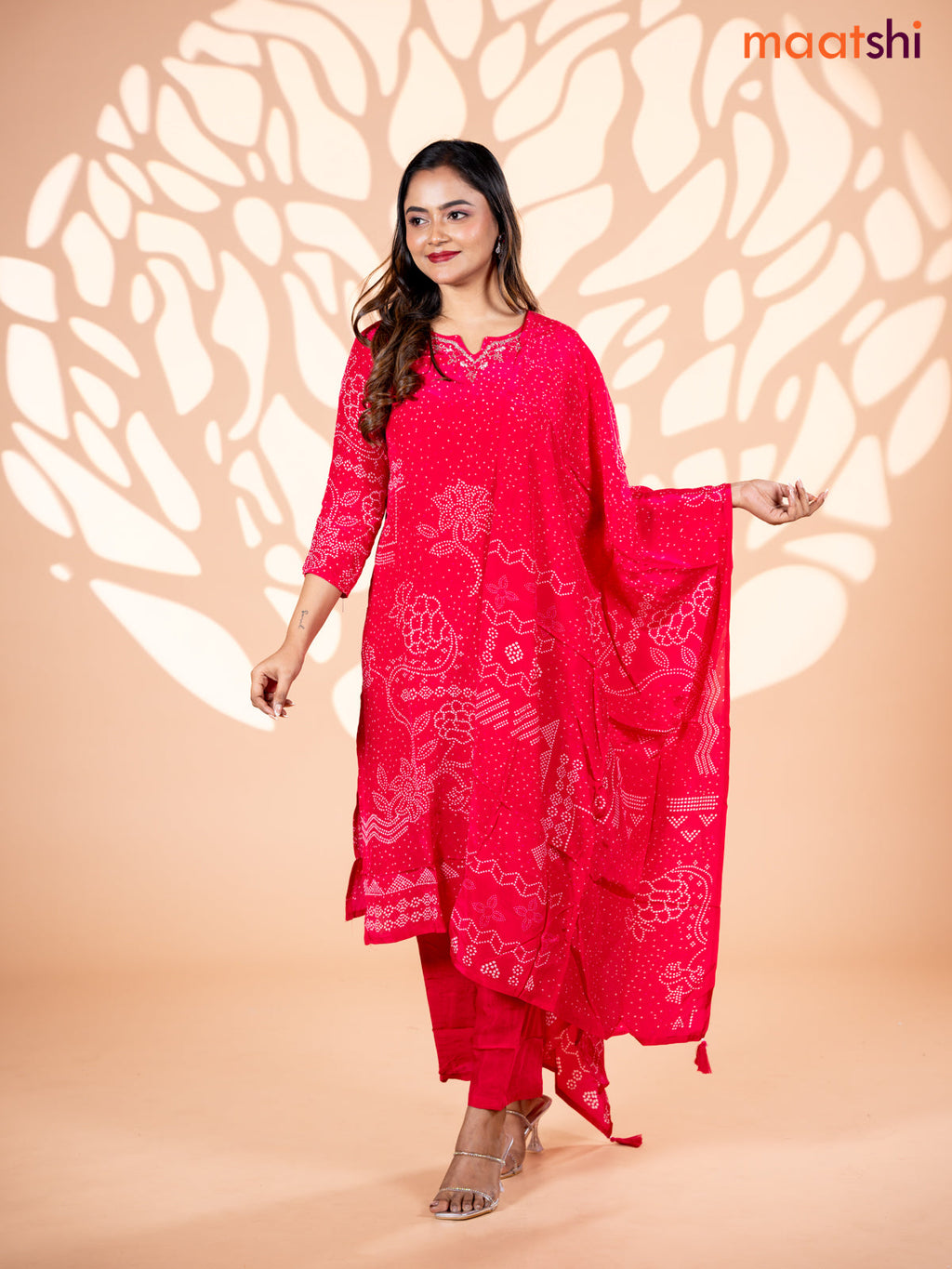 Crepe silk salwar suit pink with allover bandhani prints & beaded work neck pattern and straight cut pant & dupatta