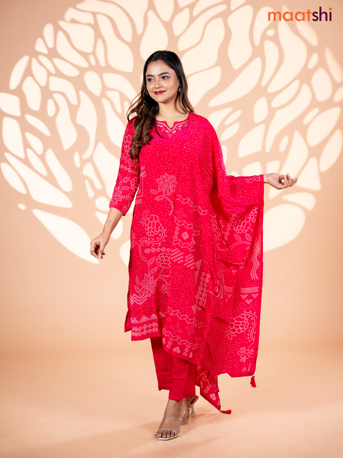 Crepe silk salwar suit pink with allover bandhani prints & beaded work neck pattern and straight cut pant & dupatta