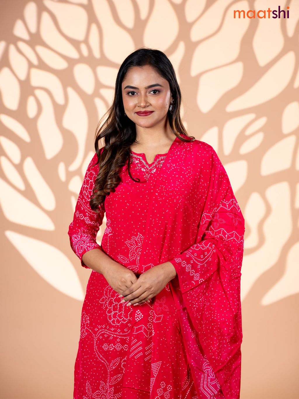 Crepe silk salwar suit pink with allover bandhani prints & beaded work neck pattern and straight cut pant & dupatta