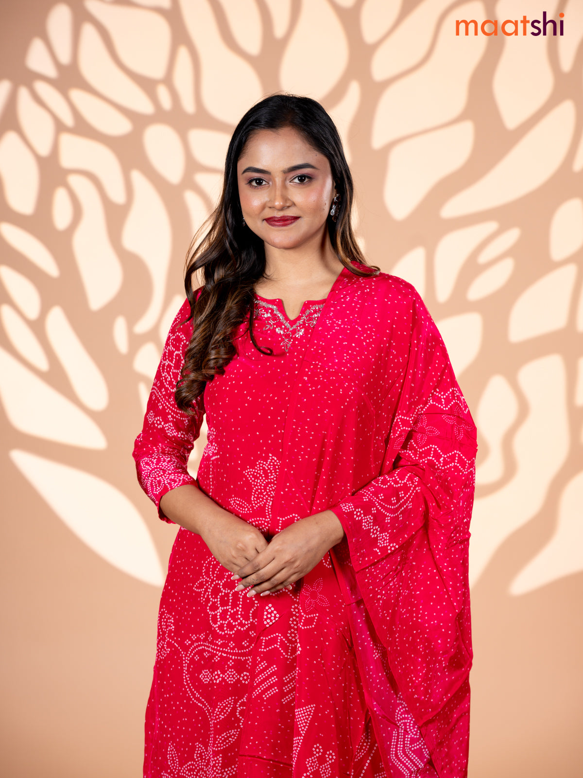 Crepe silk salwar suit pink with allover bandhani prints & beaded work neck pattern and straight cut pant & dupatta
