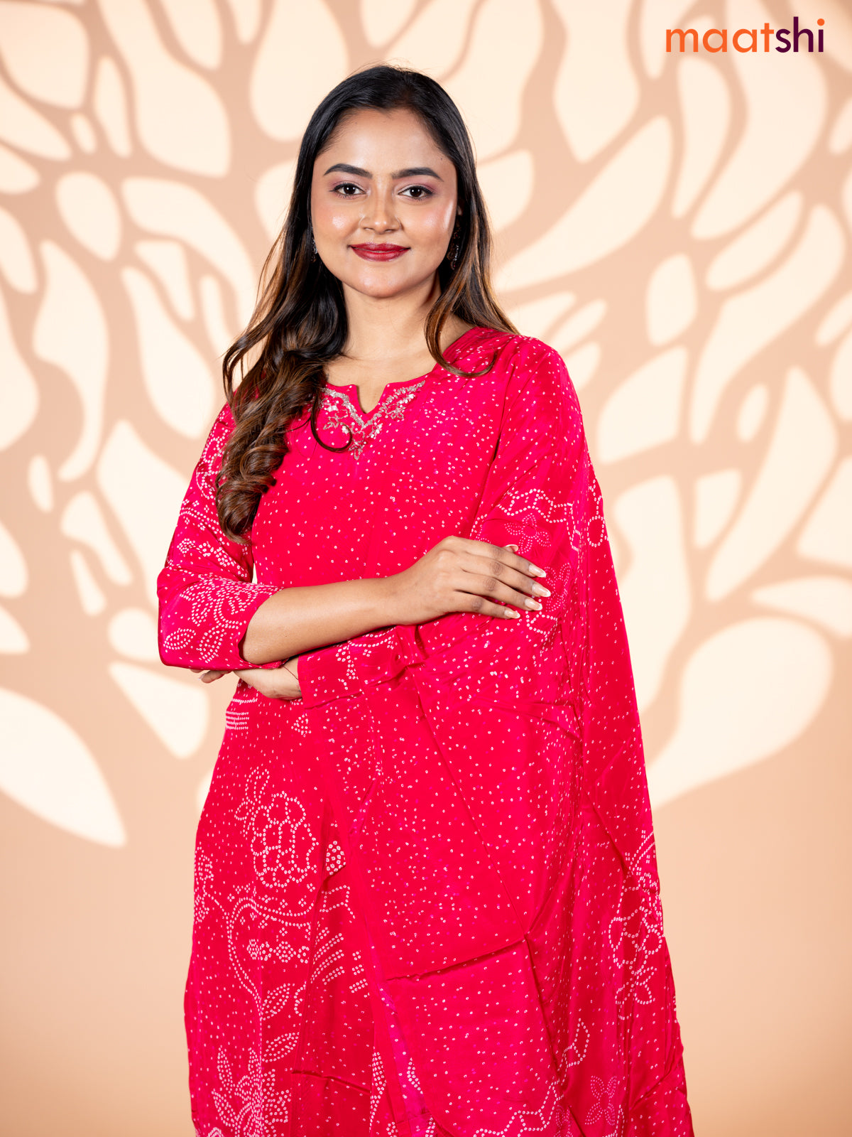 Crepe silk salwar suit pink with allover bandhani prints & beaded work neck pattern and straight cut pant & dupatta