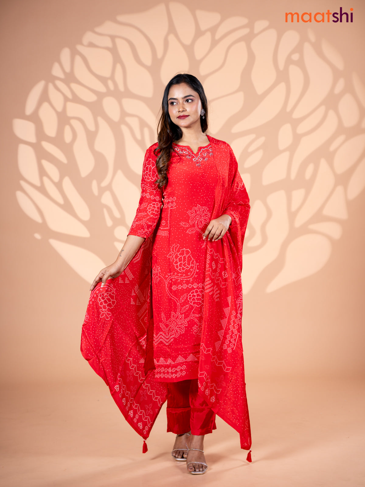 Crepe silk salwar suit red with allover bandhani prints & beaded work neck pattern and straight cut pant & dupatta