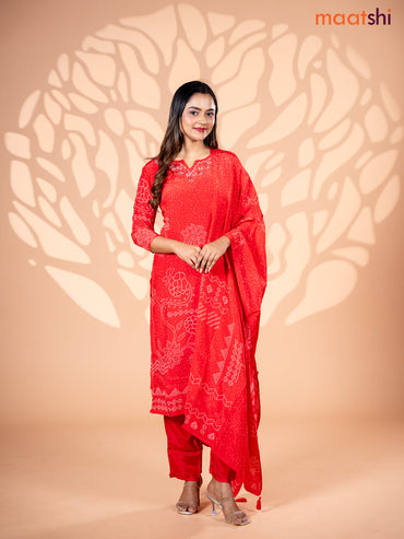 Crepe silk salwar suit red with allover bandhani prints & beaded work neck pattern and straight cut pant & dupatta