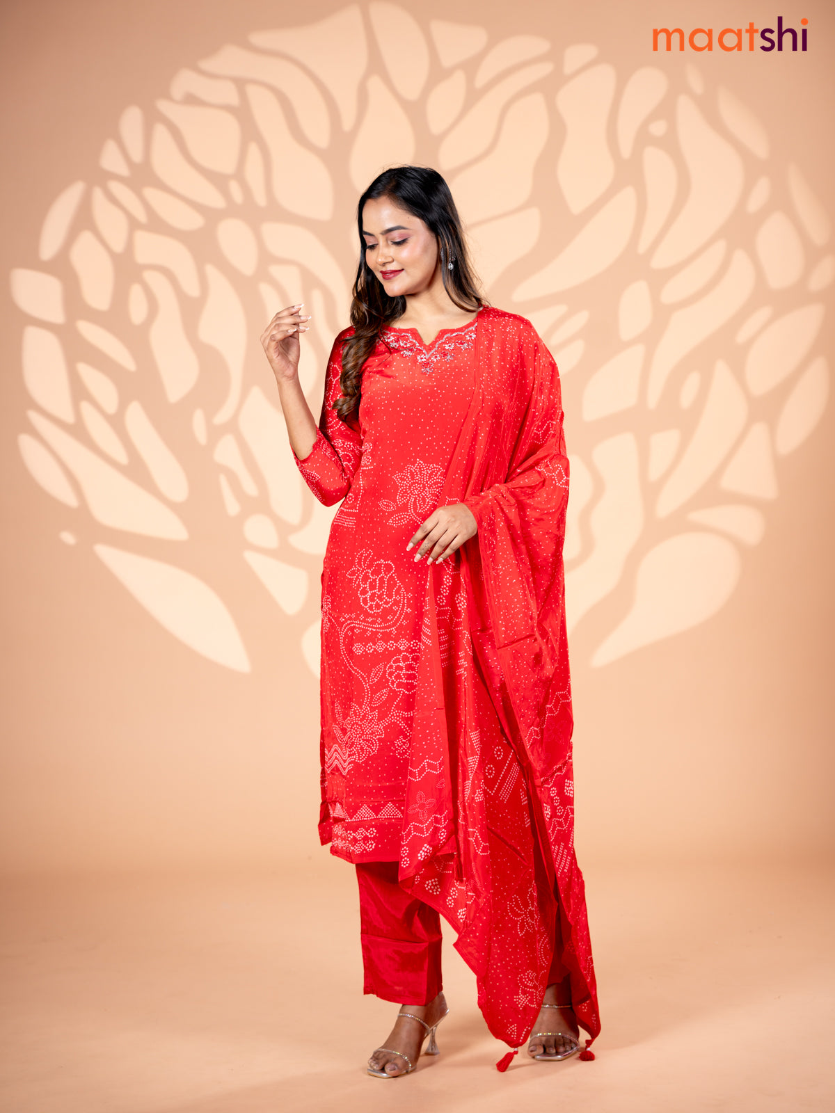 Crepe silk salwar suit red with allover bandhani prints & beaded work neck pattern and straight cut pant & dupatta