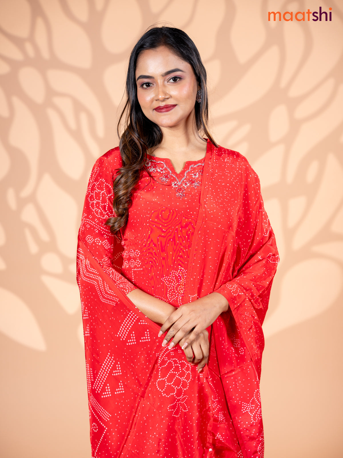 Crepe silk salwar suit red with allover bandhani prints & beaded work neck pattern and straight cut pant & dupatta