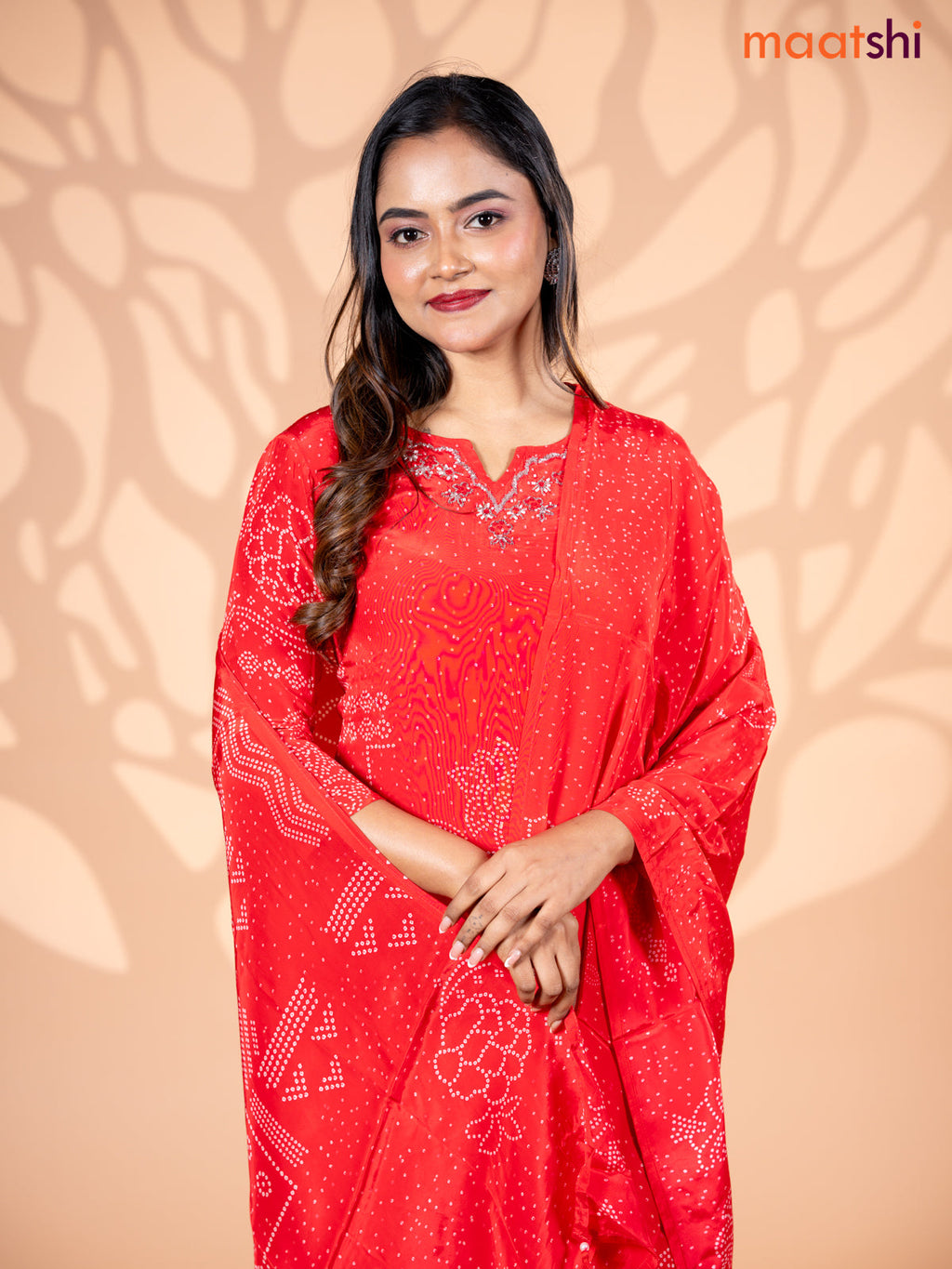Crepe silk salwar suit red with allover bandhani prints & beaded work neck pattern and straight cut pant & dupatta