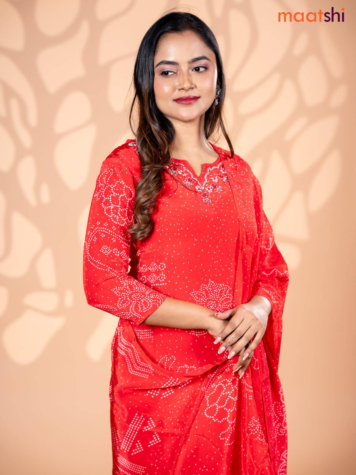 Crepe silk salwar suit red with allover bandhani prints & beaded work neck pattern and straight cut pant & dupatta