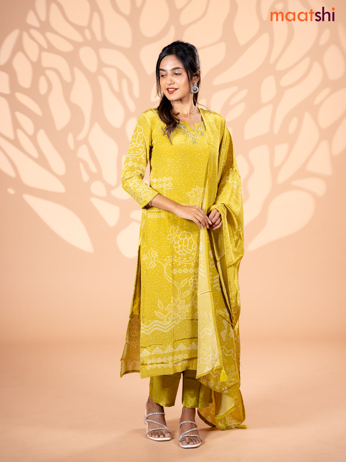 Crepe silk salwar suit lime green with allover bandhani prints & beaded work neck pattern and straight cut pant & dupatta