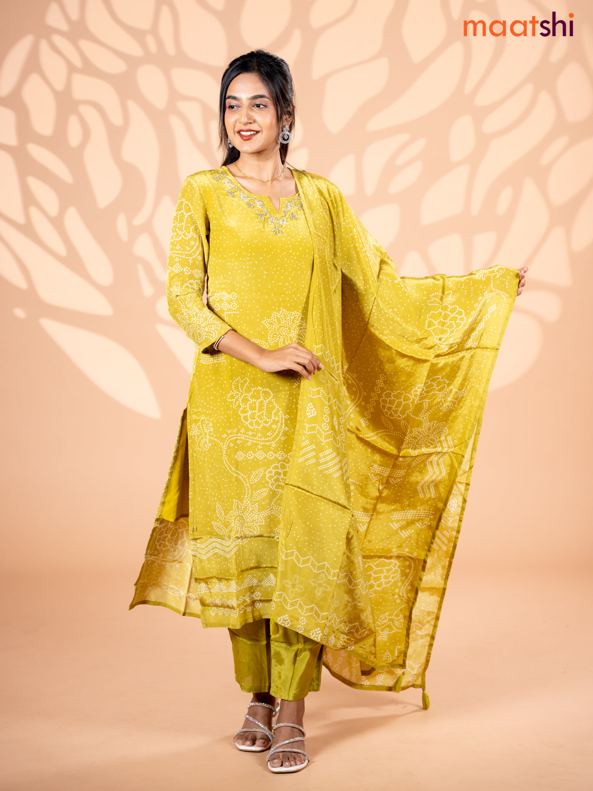 Crepe silk salwar suit lime green with allover bandhani prints & beaded work neck pattern and straight cut pant & dupatta