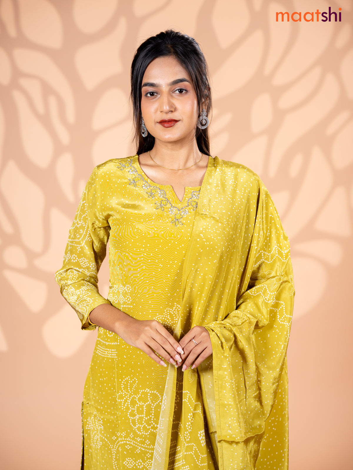 Crepe silk salwar suit lime green with allover bandhani prints & beaded work neck pattern and straight cut pant & dupatta