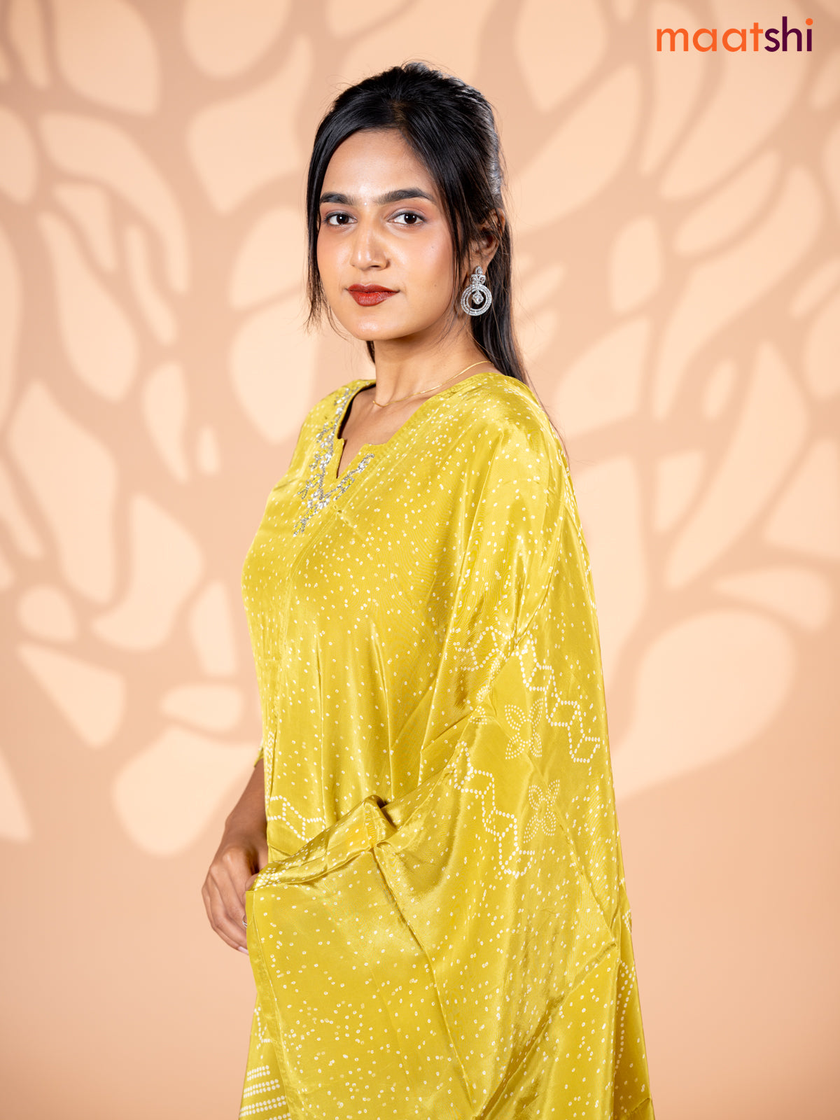 Crepe silk salwar suit lime green with allover bandhani prints & beaded work neck pattern and straight cut pant & dupatta