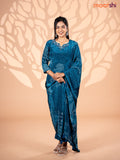 Crepe silk salwar suit peacock blue with allover bandhani prints & beaded work neck pattern and straight cut pant & dupatta