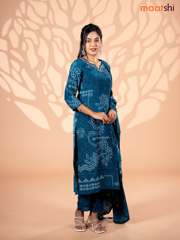 Crepe silk salwar suit peacock blue with allover bandhani prints & beaded work neck pattern and straight cut pant & dupatta