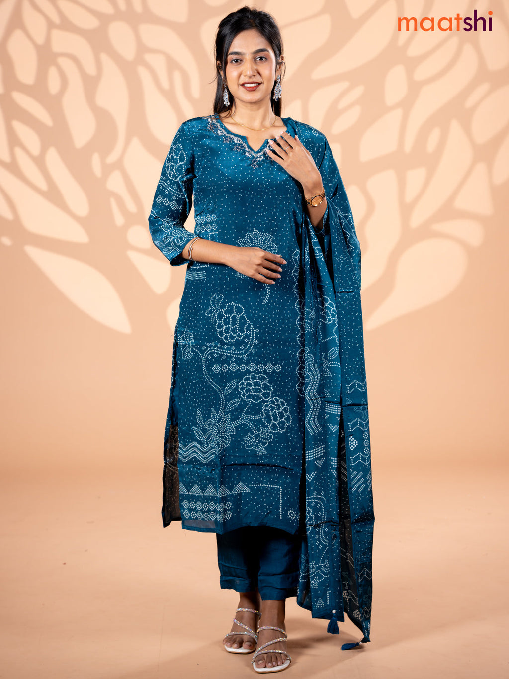 Crepe silk salwar suit peacock blue with allover bandhani prints & beaded work neck pattern and straight cut pant & dupatta