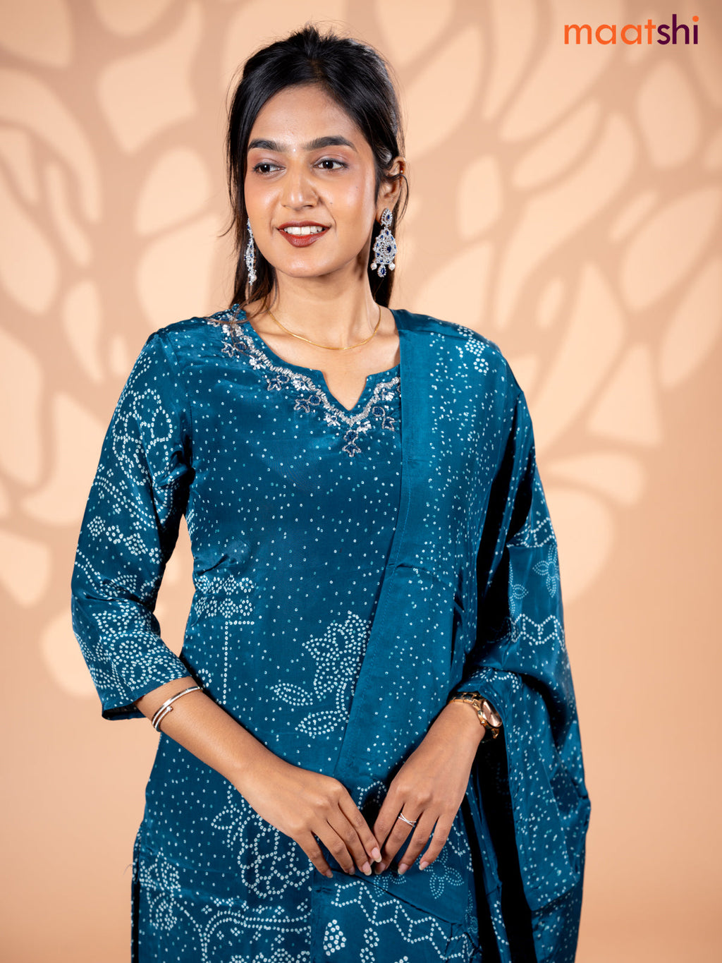 Crepe silk salwar suit peacock blue with allover bandhani prints & beaded work neck pattern and straight cut pant & dupatta