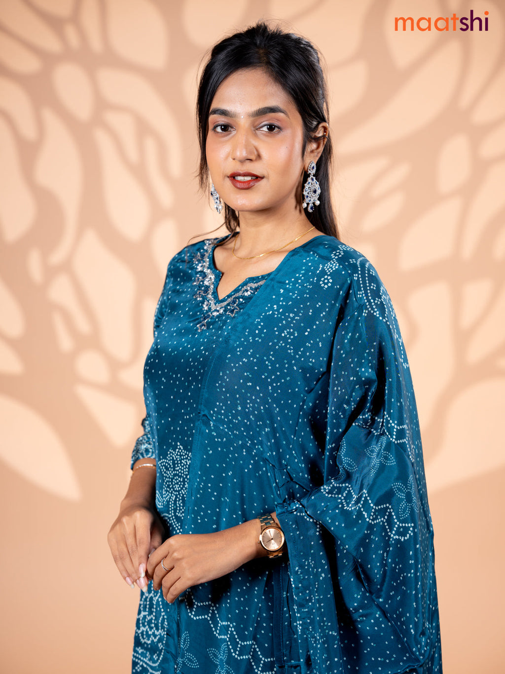 Crepe silk salwar suit peacock blue with allover bandhani prints & beaded work neck pattern and straight cut pant & dupatta