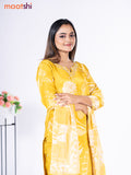 Crepe silk salwar suit mustard yellow with placement prints & beaded work neck pattern and straight cut pant & dupatta