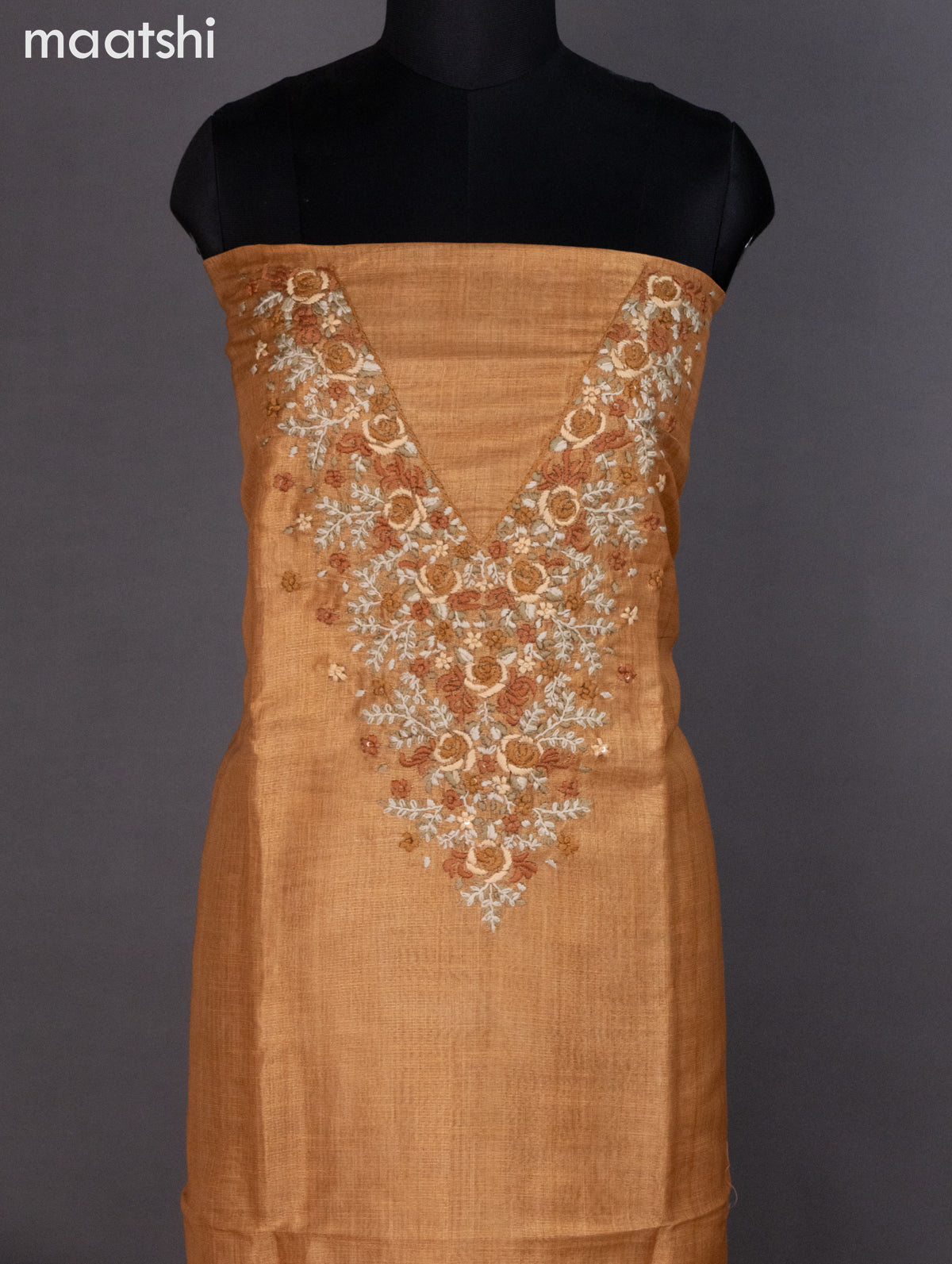 Tissue linen dress material mustard yellow with kantha stich work neck pattern and bottom & dupatta