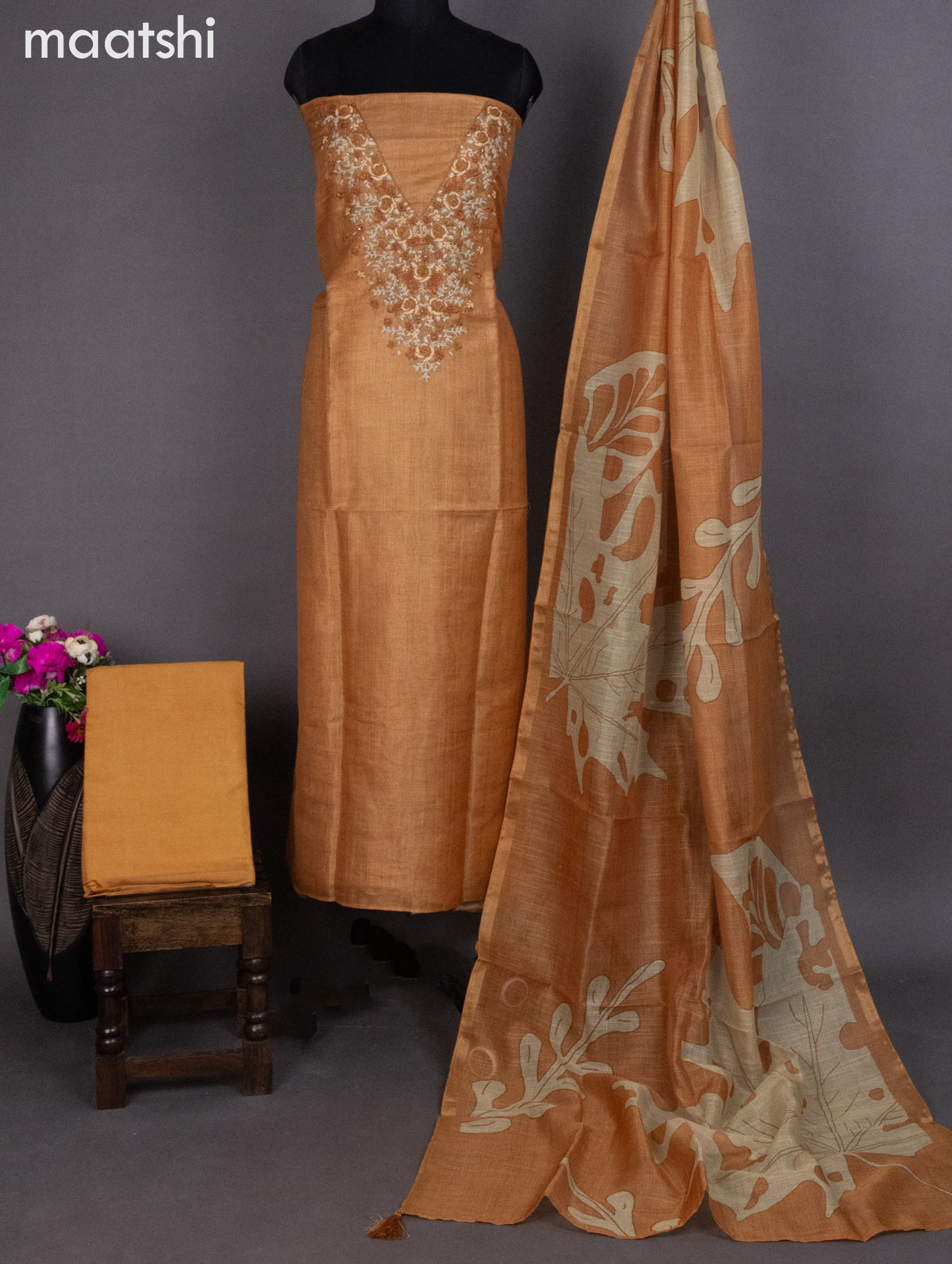 Tissue linen dress material mustard yellow with kantha stich work neck pattern and bottom & dupatta