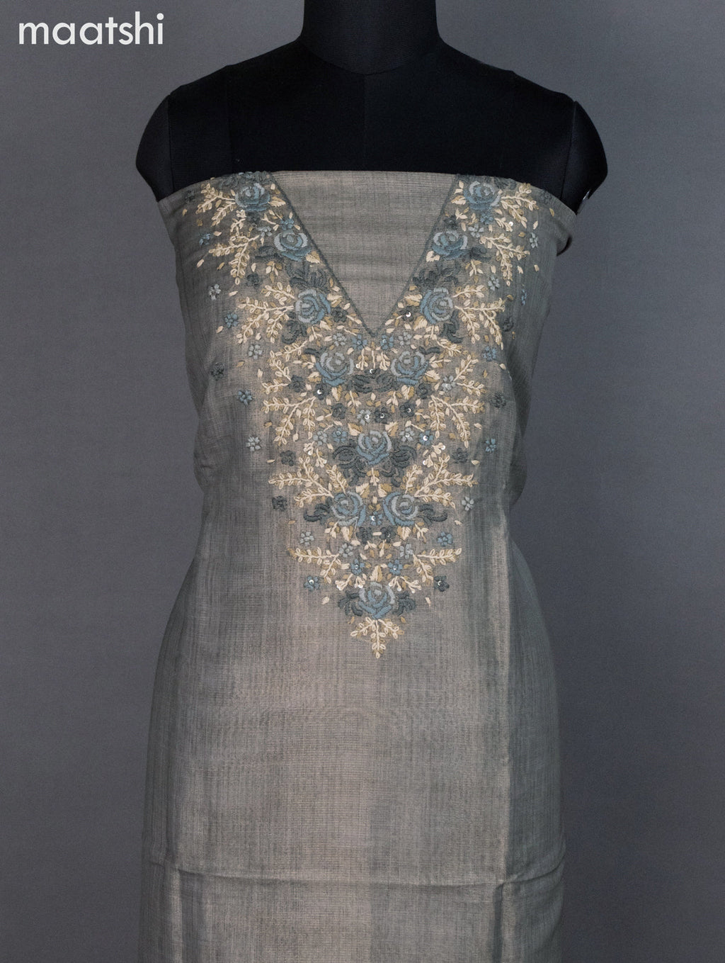 Tissue linen dress material pastel green shade with kantha stich work neck pattern and bottom & dupatta