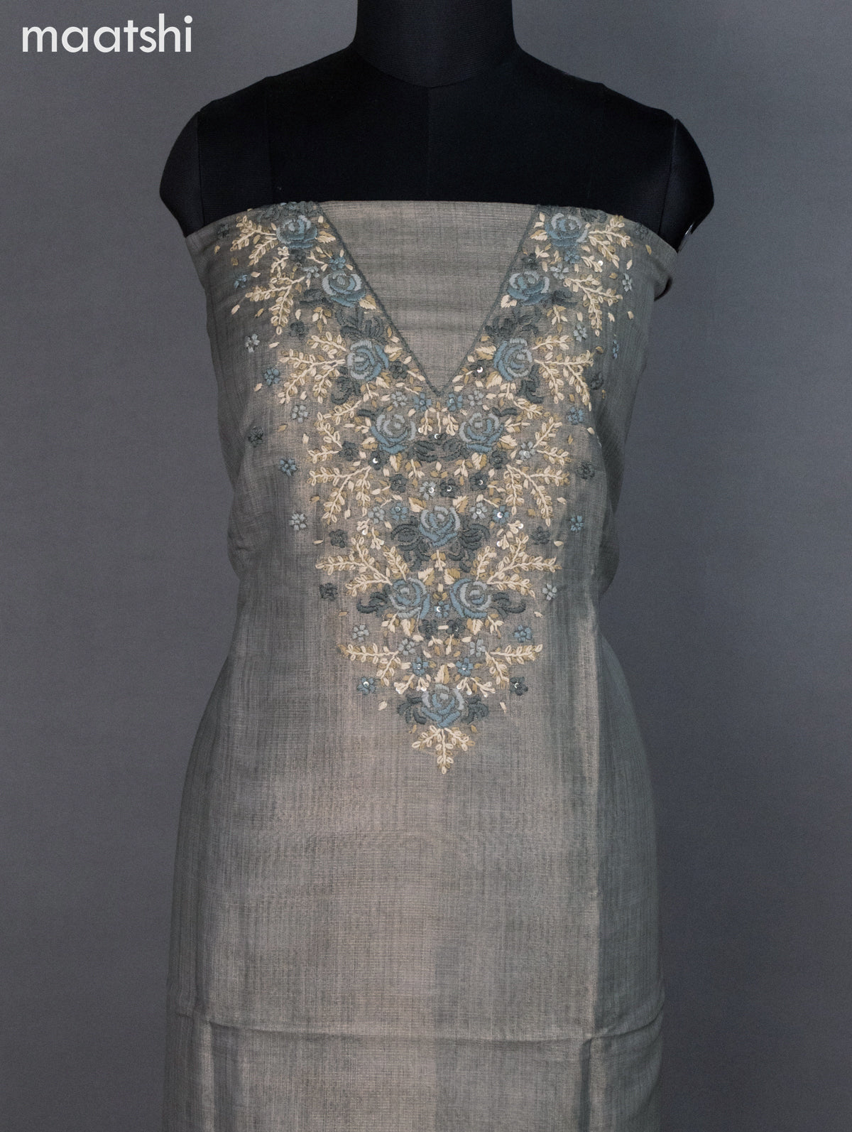 Tissue linen dress material pastel green shade with kantha stich work neck pattern and bottom & dupatta