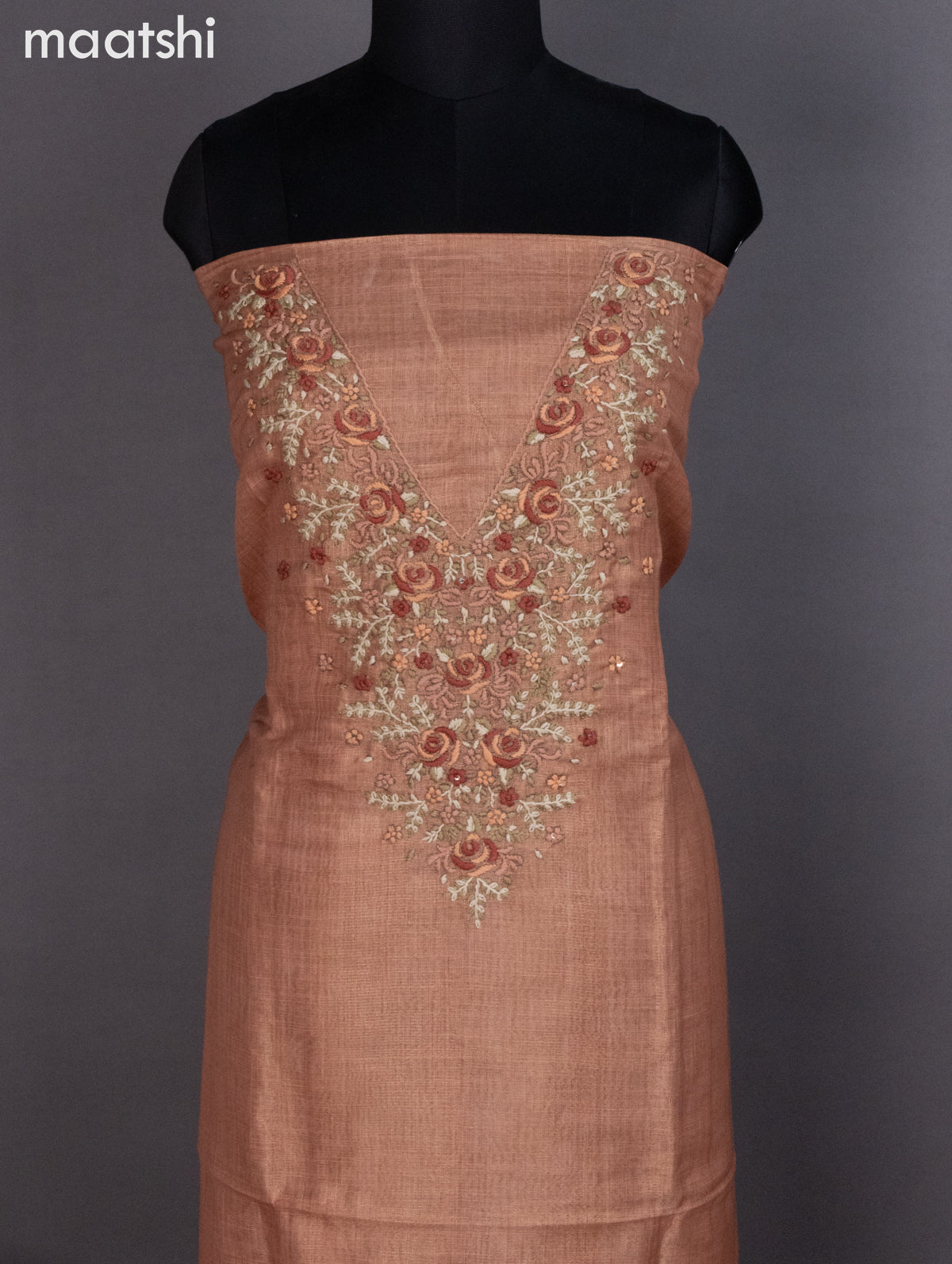 Tissue linen dress material pale orange with kantha stich work neck pattern and bottom & dupatta