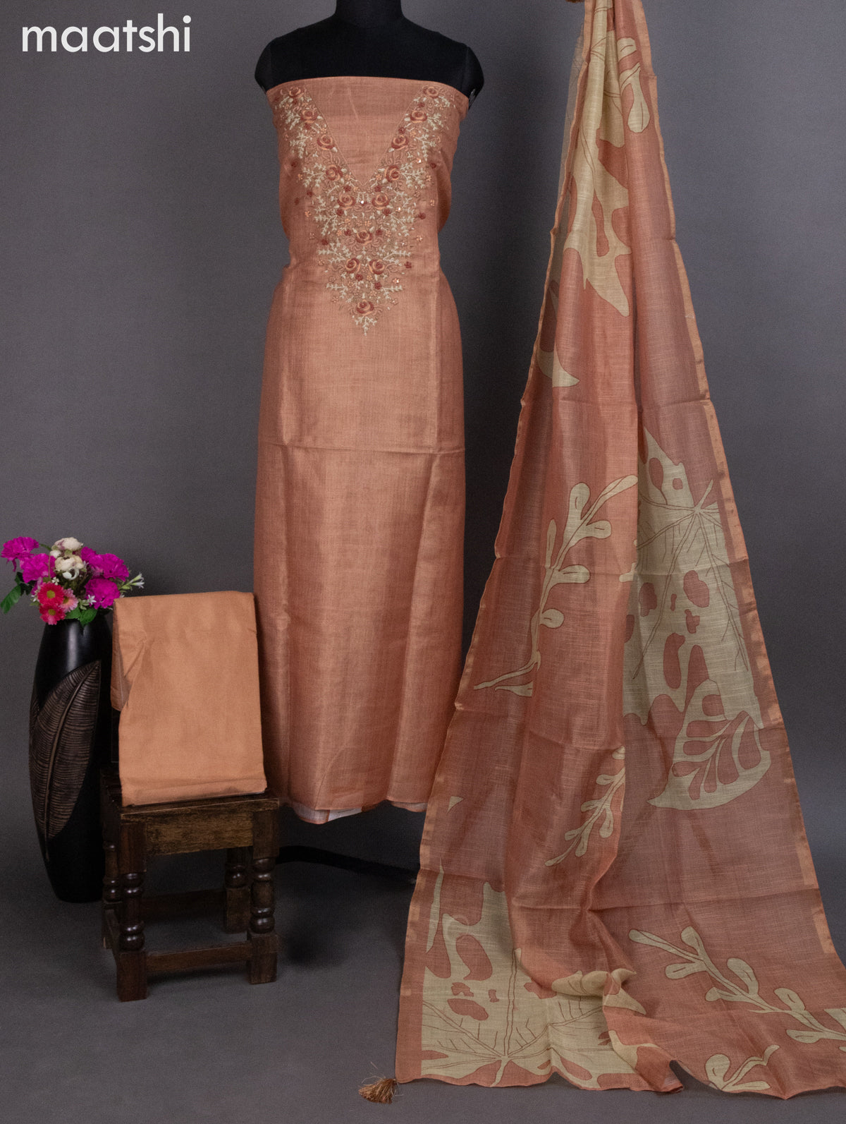 Tissue linen dress material pale orange with kantha stich work neck pattern and bottom & dupatta