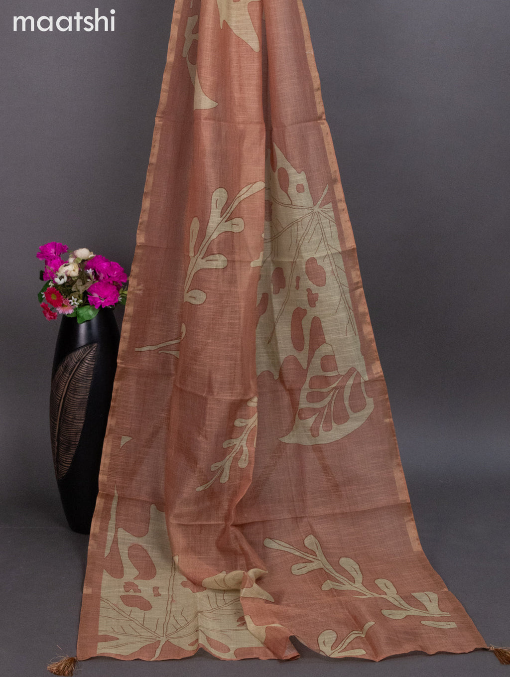 Tissue linen dress material pale orange with kantha stich work neck pattern and bottom & dupatta