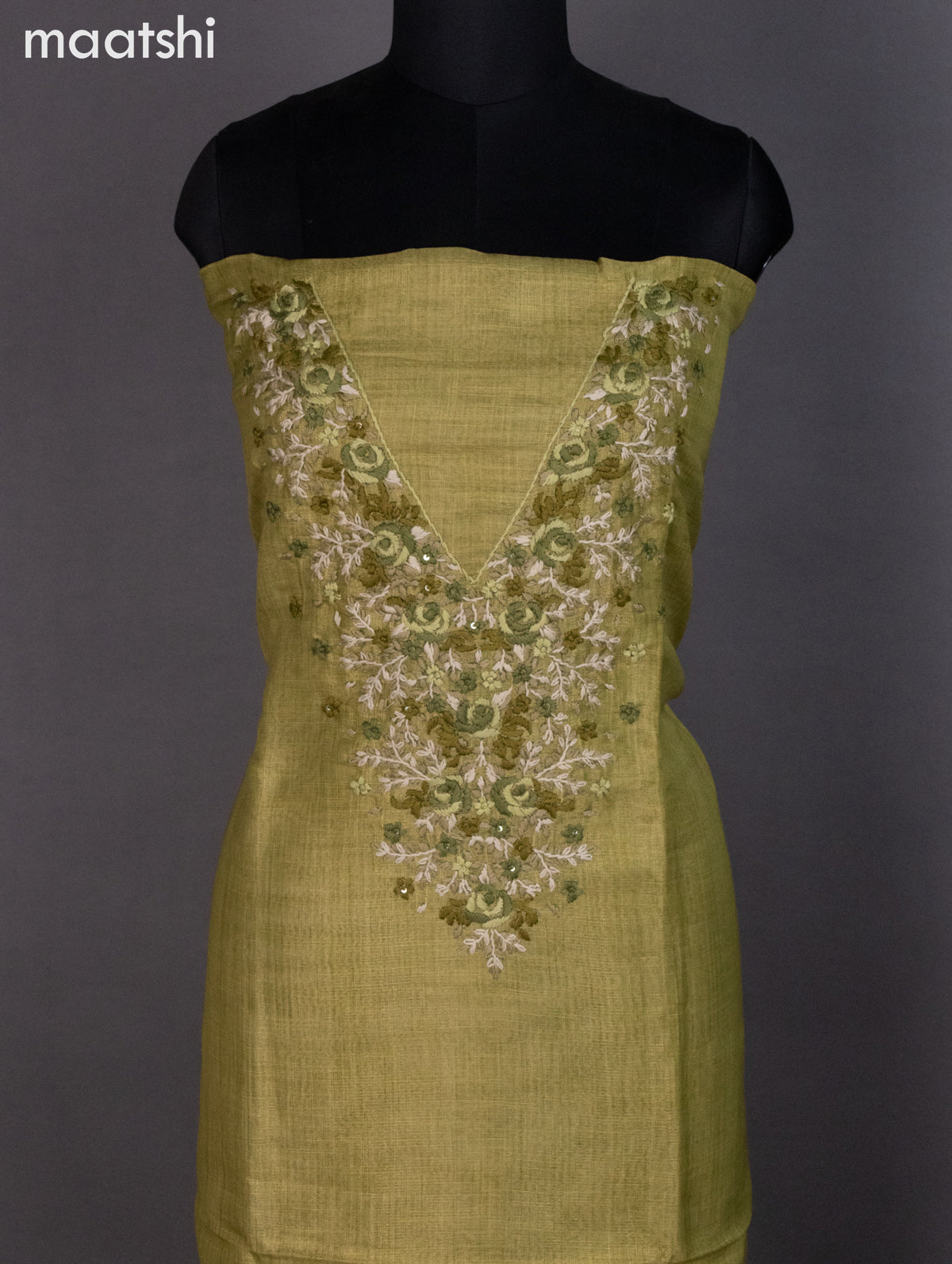 Tissue linen dress material mehendi green shade with kantha stich work neck pattern and bottom & dupatta