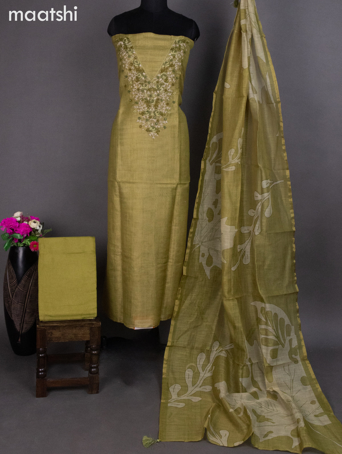 Tissue linen dress material mehendi green shade with kantha stich work neck pattern and bottom & dupatta
