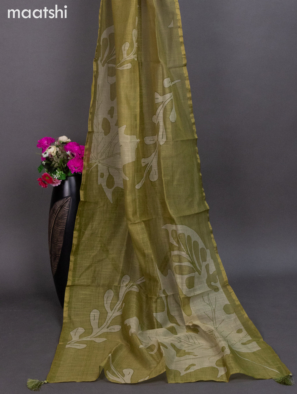 Tissue linen dress material mehendi green shade with kantha stich work neck pattern and bottom & dupatta