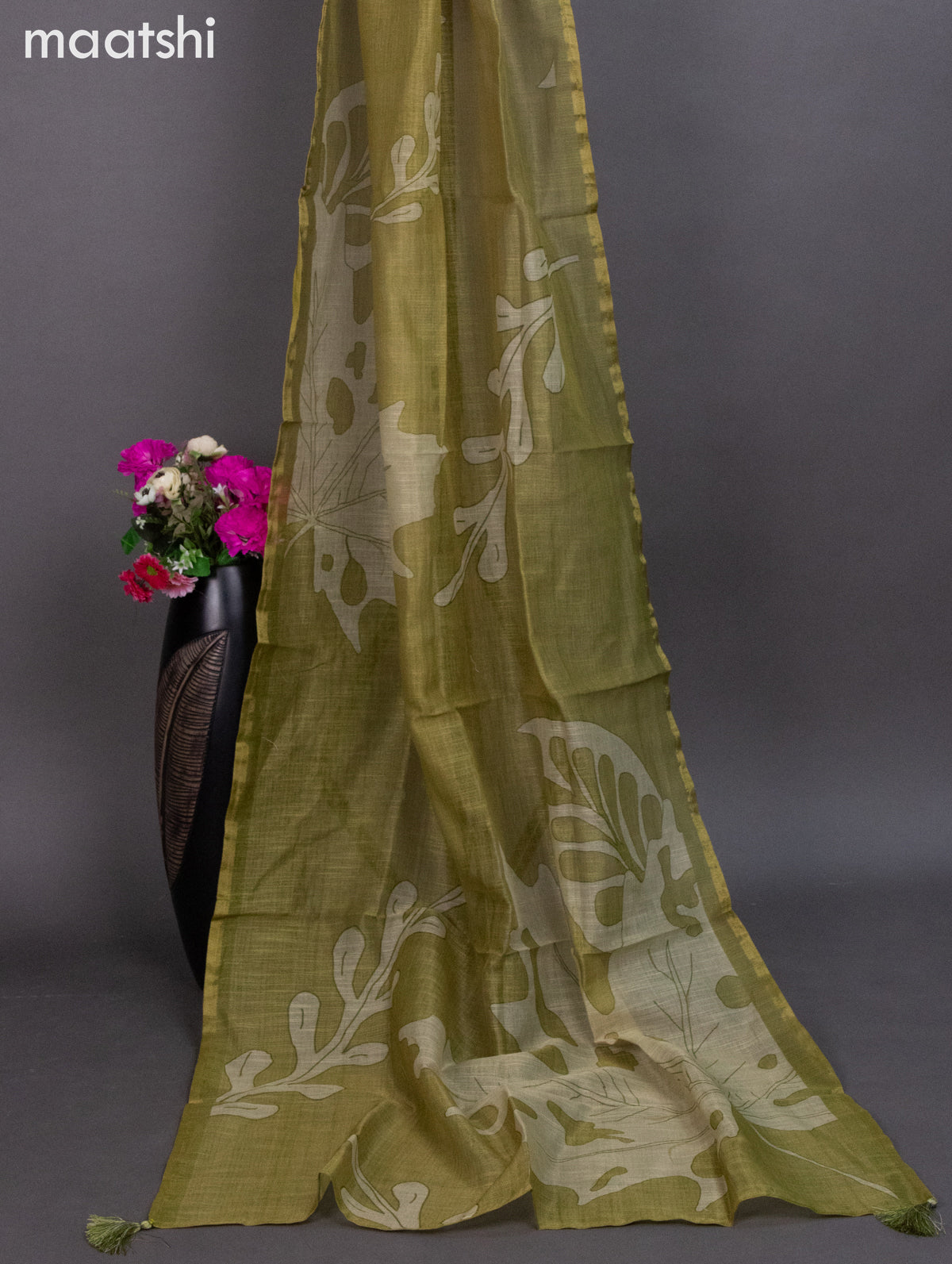 Tissue linen dress material mehendi green shade with kantha stich work neck pattern and bottom & dupatta