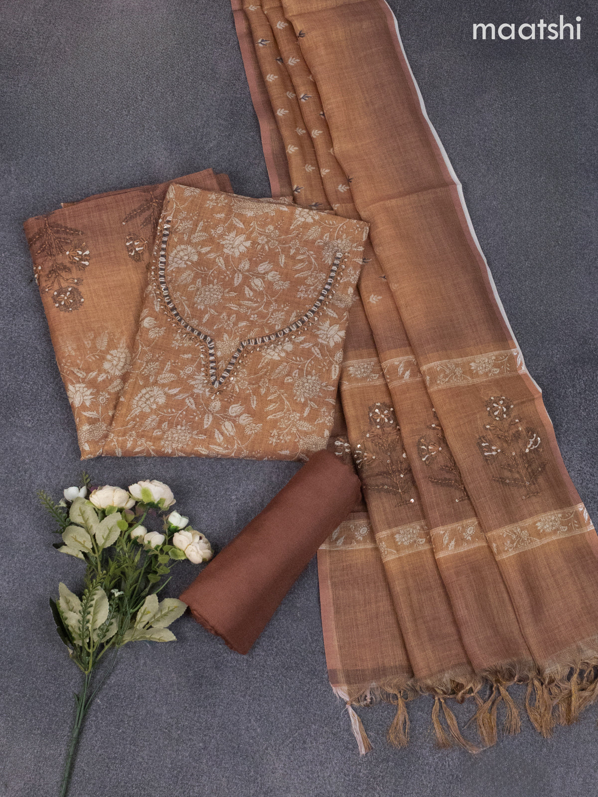 Tissue linen dress material dark mustard with allover kalamkari prints & kantha stich work and bottom & dupatta