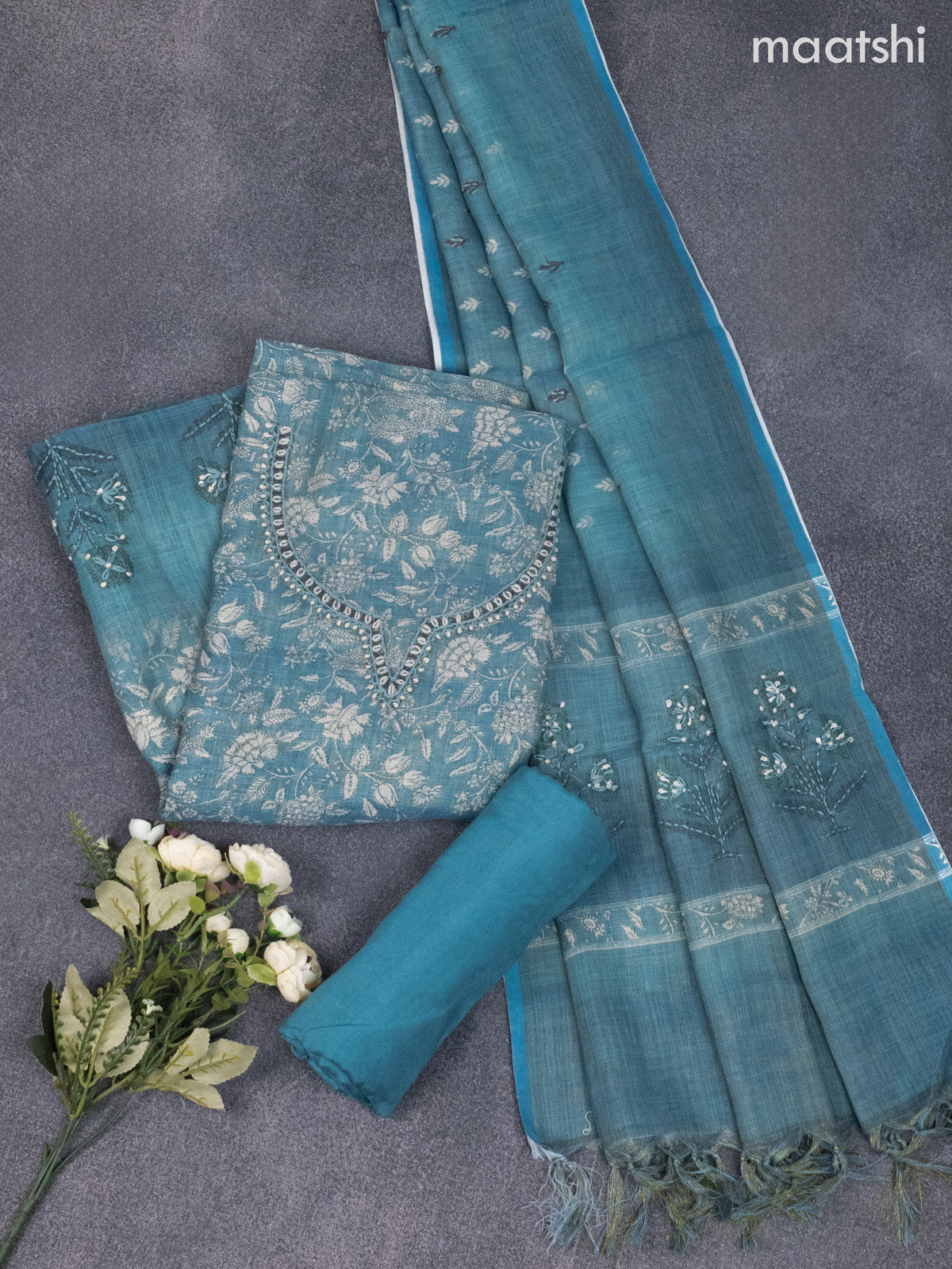 Tissue linen dress material peacock blue with allover kalamkari prints & kantha stich work and bottom & dupatta