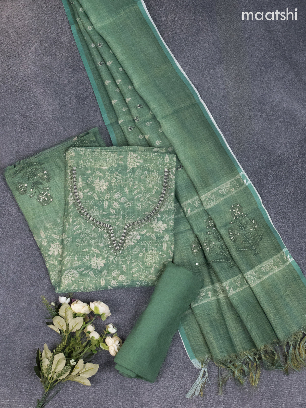 Tissue linen dress material green with allover kalamkari prints & kantha stich work and bottom & dupatta