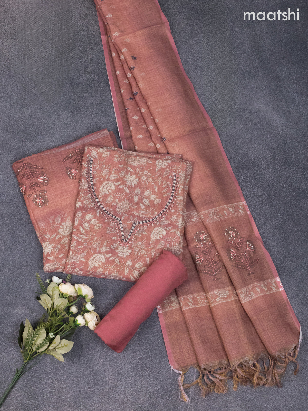 Tissue linen dress material rust shade with allover kalamkari prints & kantha stich work and bottom & dupatta