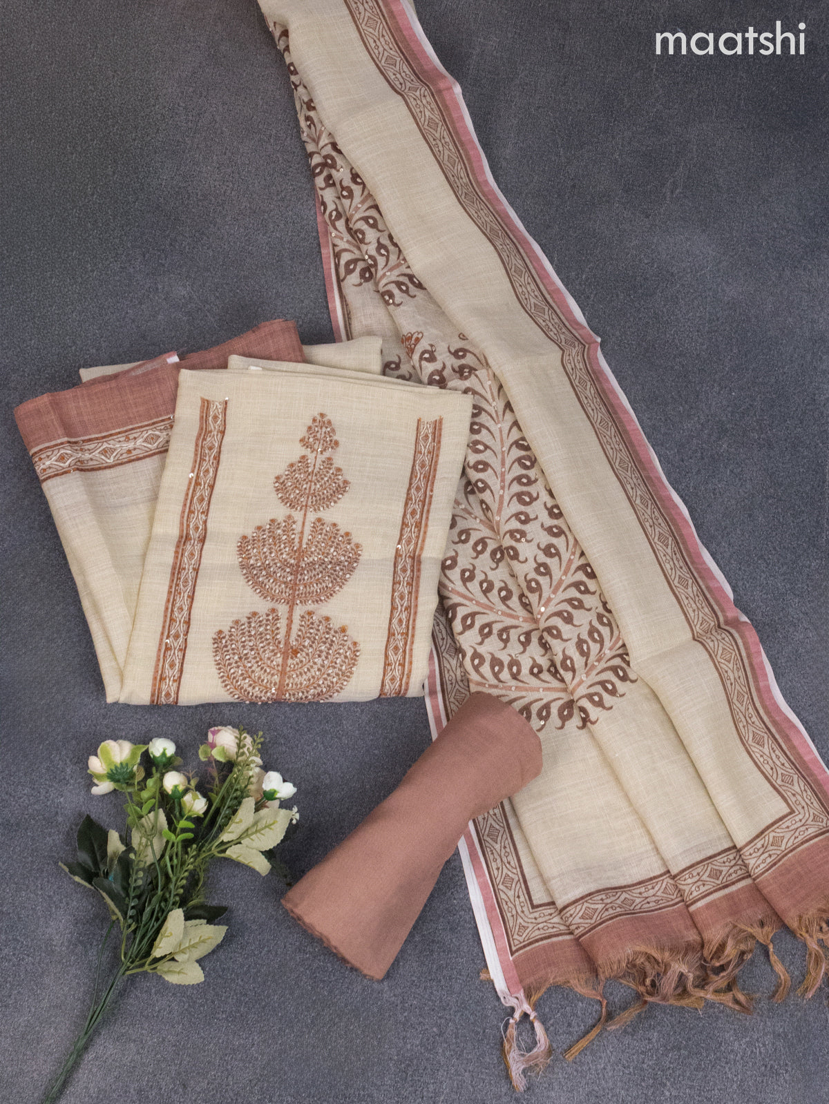Tissue linen dress material cream with french knot & kantha stich work and bottom & dupatta