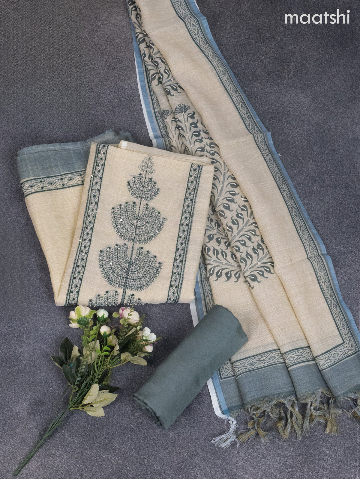 Tissue linen dress material cream with french knot & kantha stich work and bottom & dupatta
