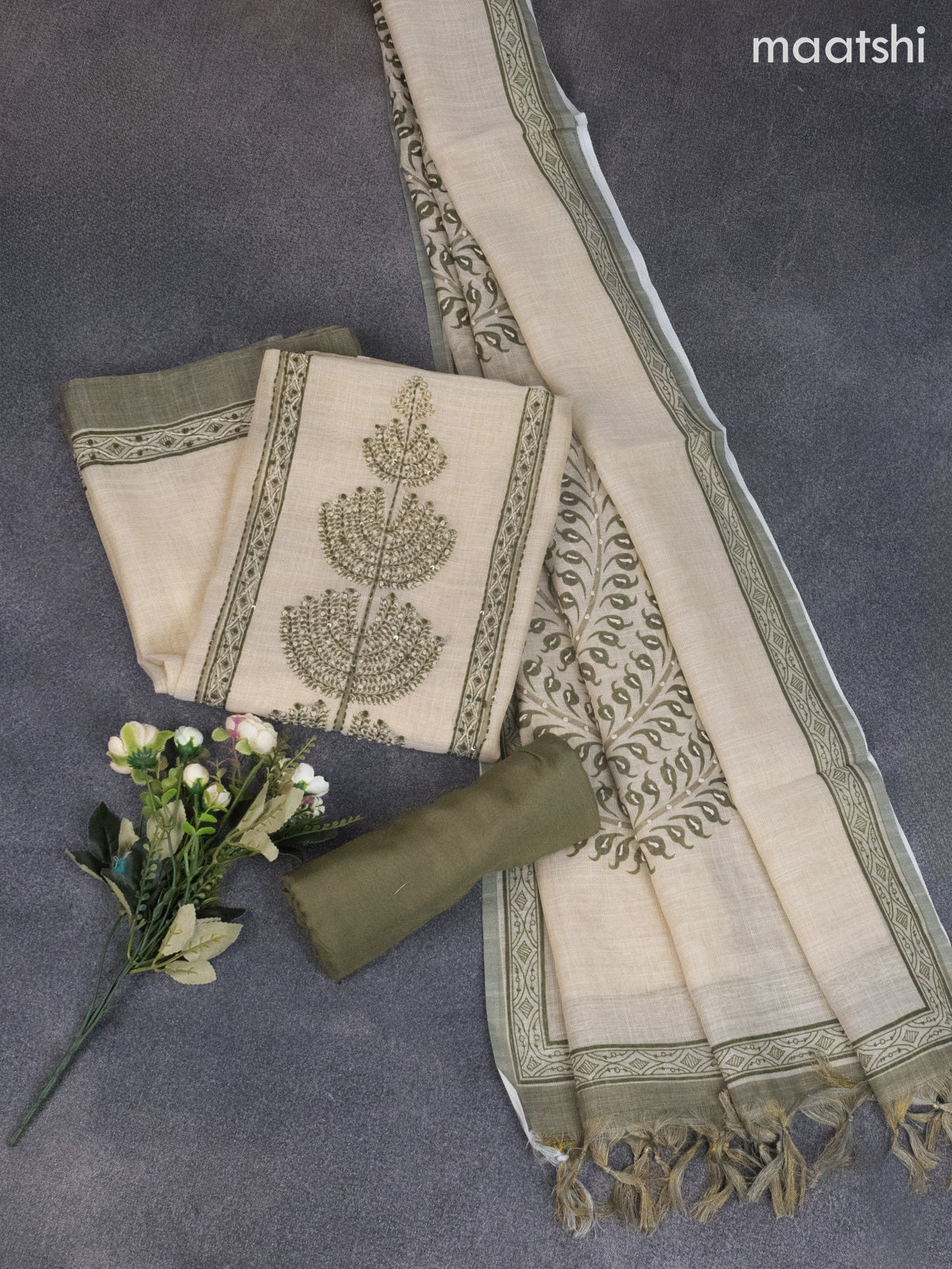 Tissue linen dress material cream with french knot & kantha stich work and bottom & dupatta