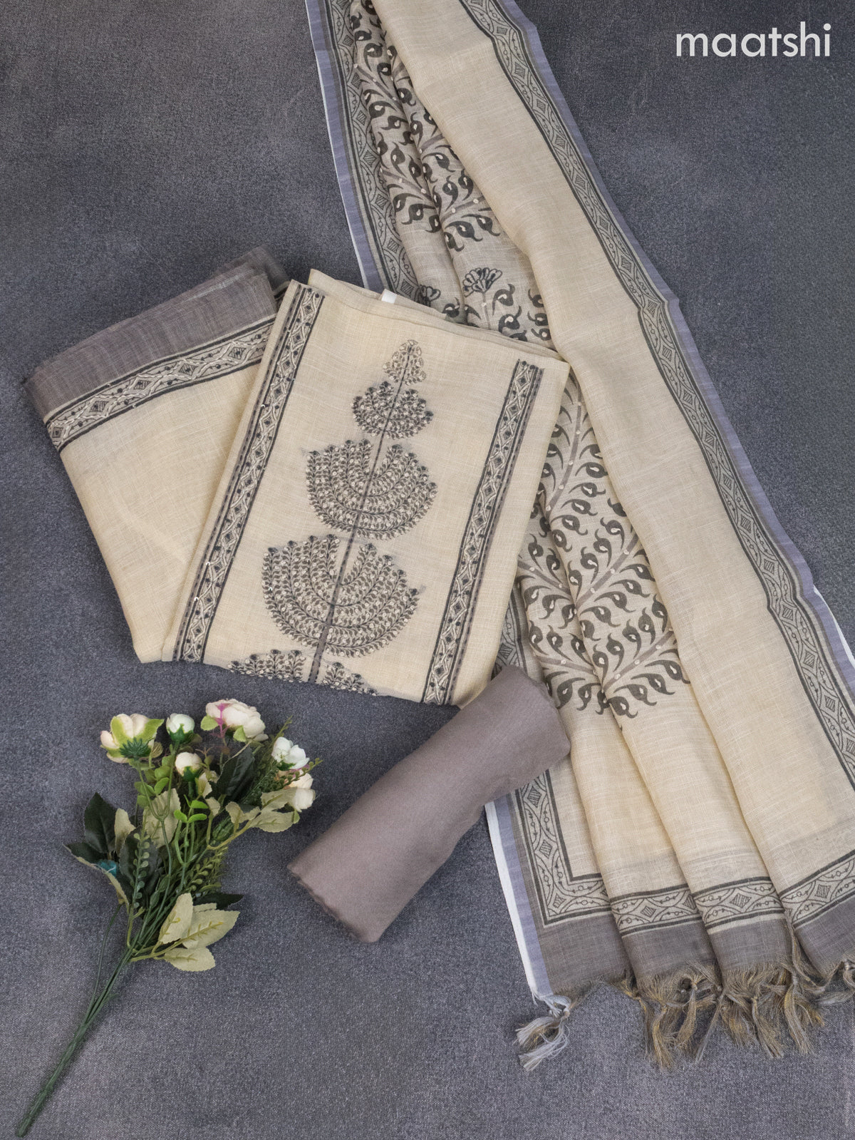 Tissue linen dress material cream with french knot & kantha stich work and bottom & dupatta