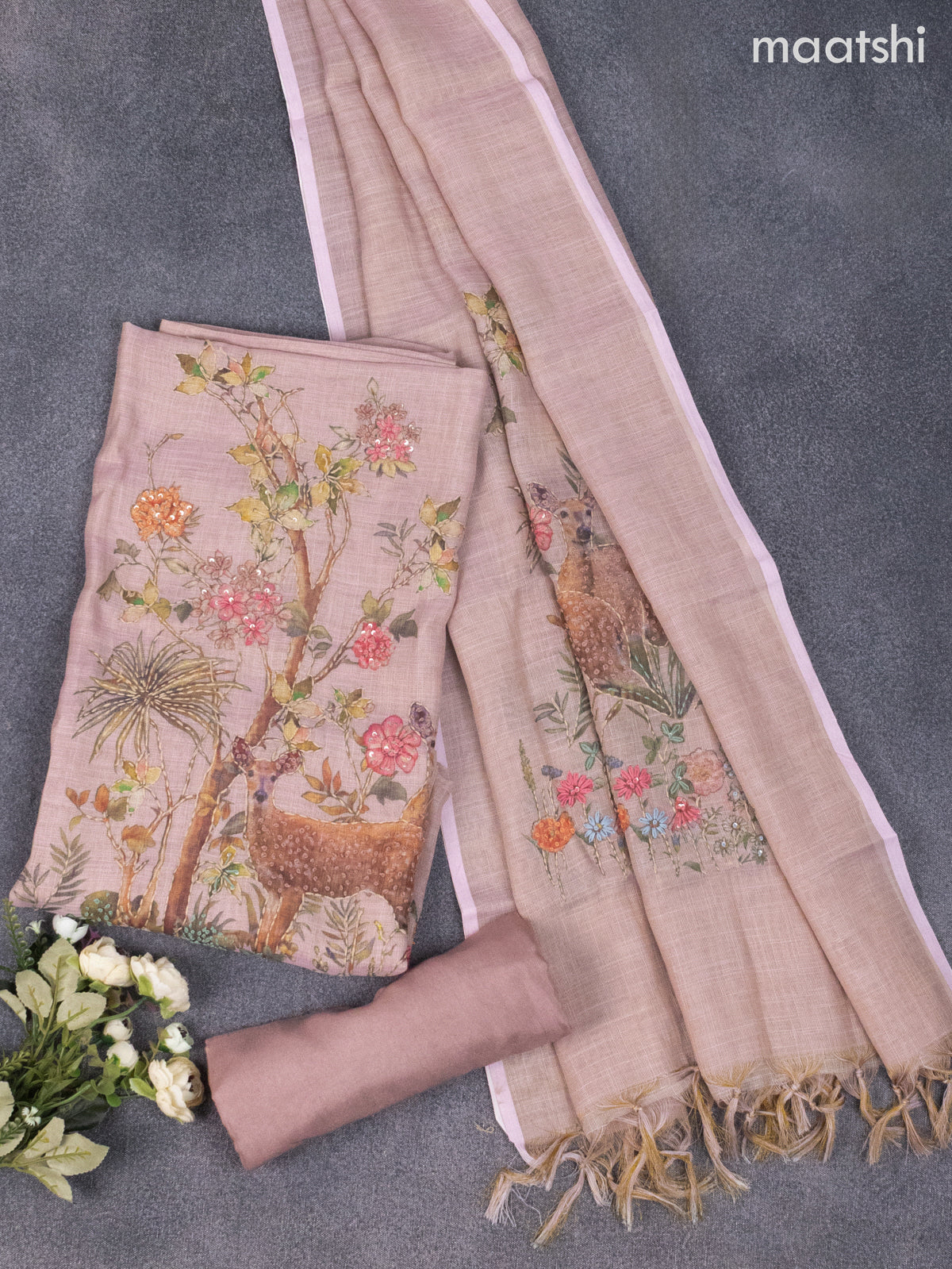 Tissue linen dress material dark peach with french knot & kantha stich work and bottom & dupatta