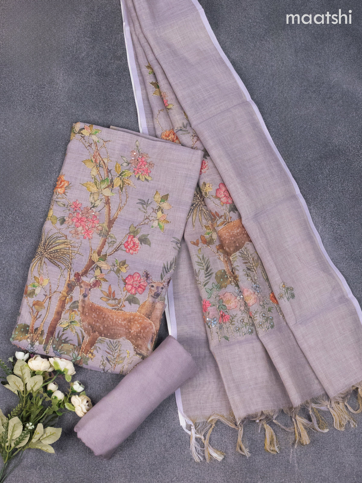 Tissue linen dress material grey shade with french knot & kantha stich work and bottom & dupatta