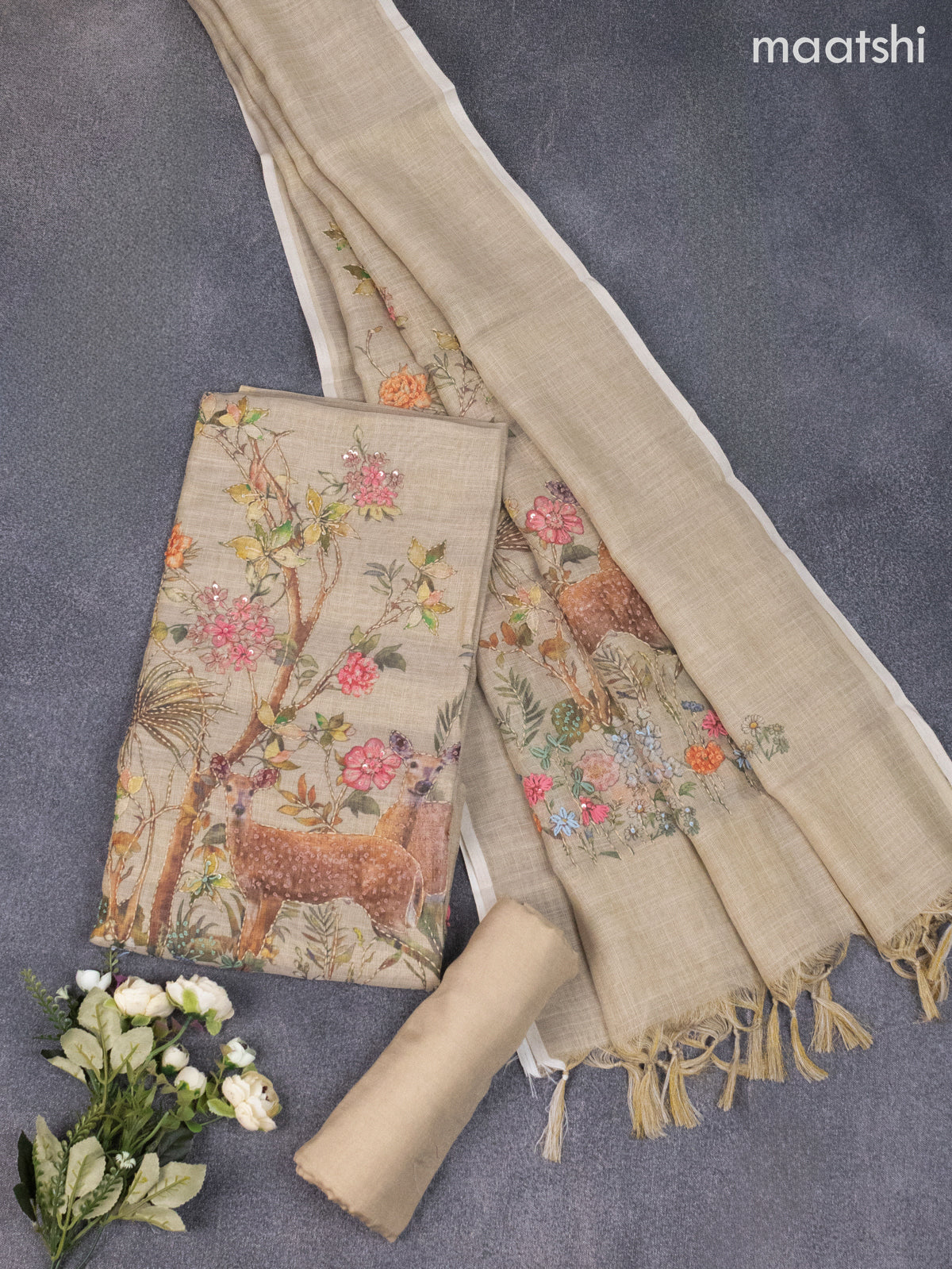 Tissue linen dress material sandal with french knot & kantha stich work and bottom & dupatta