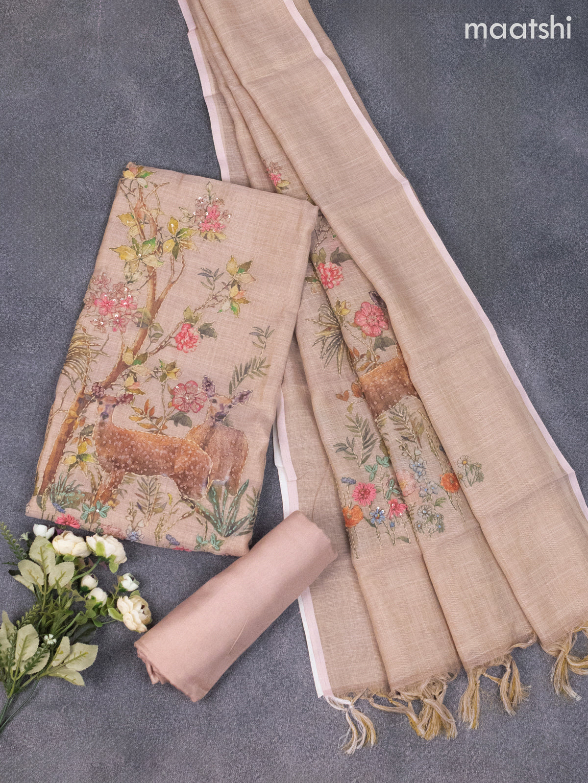 Tissue linen dress material peach shade with french knot & kantha stich work and bottom & dupatta