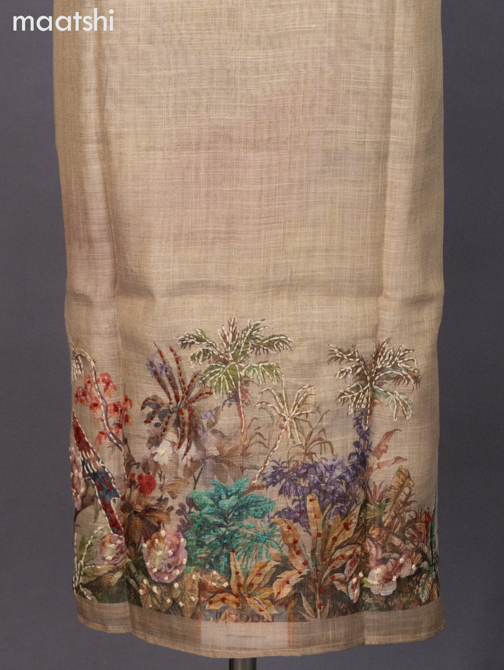 Tissue linen dress material sandal with prints & embroidery work neck pattern and bottom & dupatta