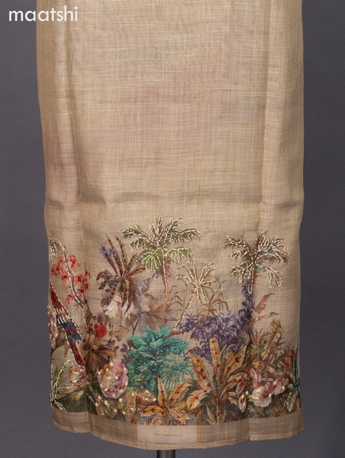 Tissue linen dress material sandal with prints & embroidery work neck pattern and bottom & dupatta